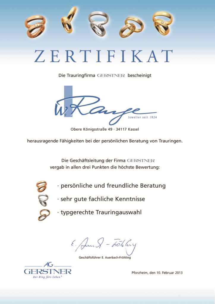 zertifikat der Firma Gerstner - wir sind zertifizierte Trauringberater. 